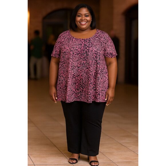 Roamans Plus Size 3X Swing Tunic Top Pink Black Floral Casual Womens - Picture 8 of 8